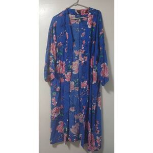 Gili womens xl LONG cobalt blue pink floral duster floral open front throw silk